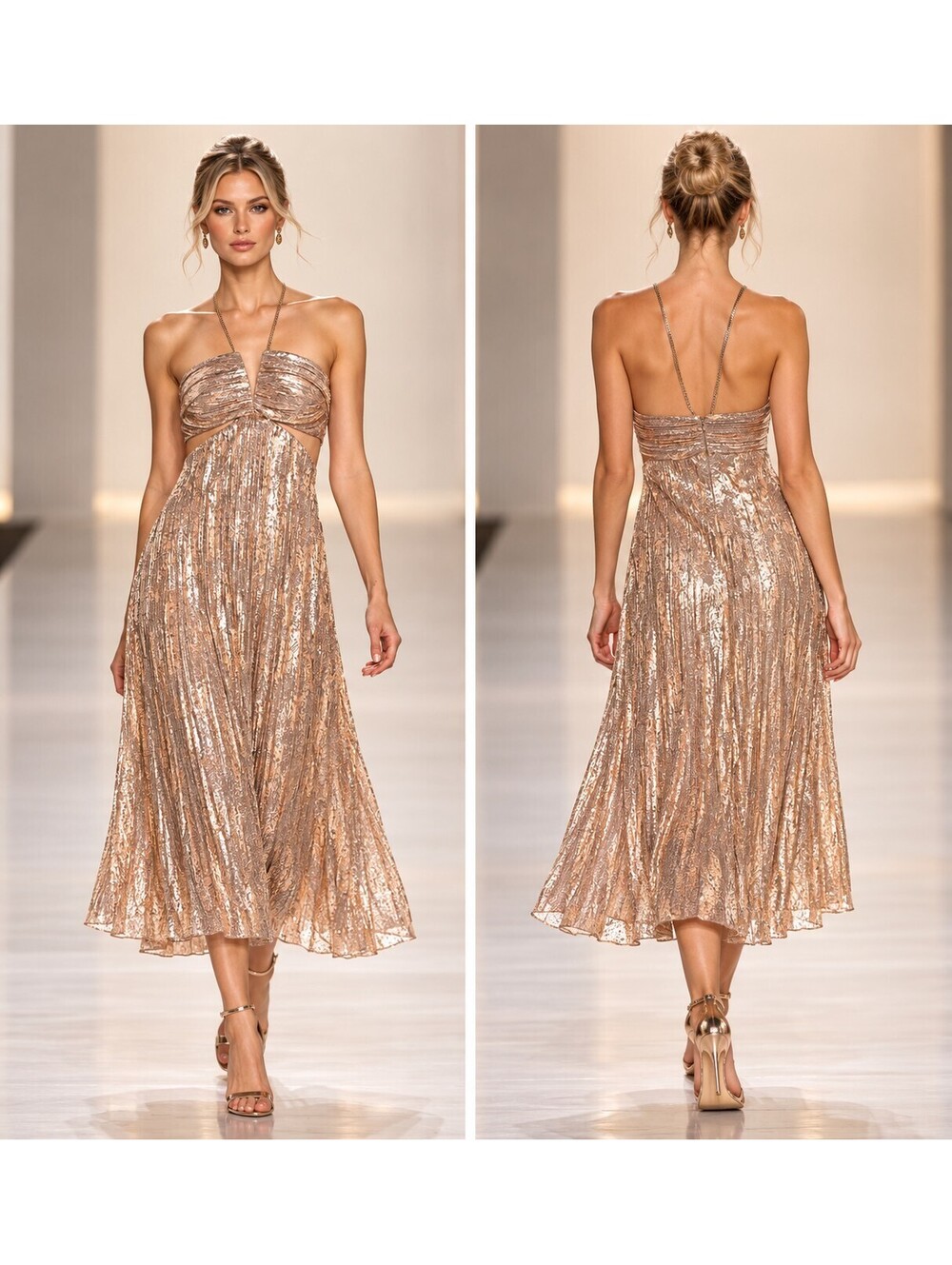 $400 NWT Liv Foster Foil Pleated Mesh Dress Rose Gold Side Cut Outs Size 14 Midi